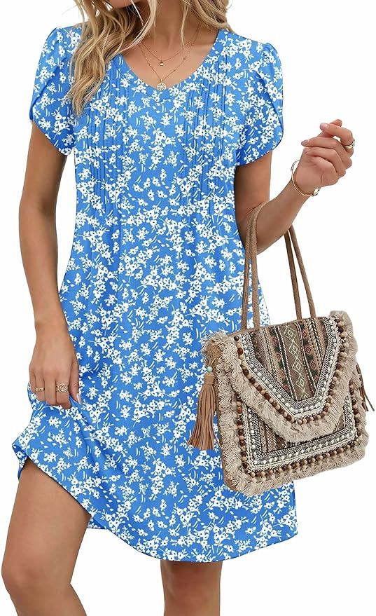 Zeagoo Summer Dresses for Women Casual A Line Dress 2026 V Neck Short Dresses Floral Sundress Ple... | Amazon (US)