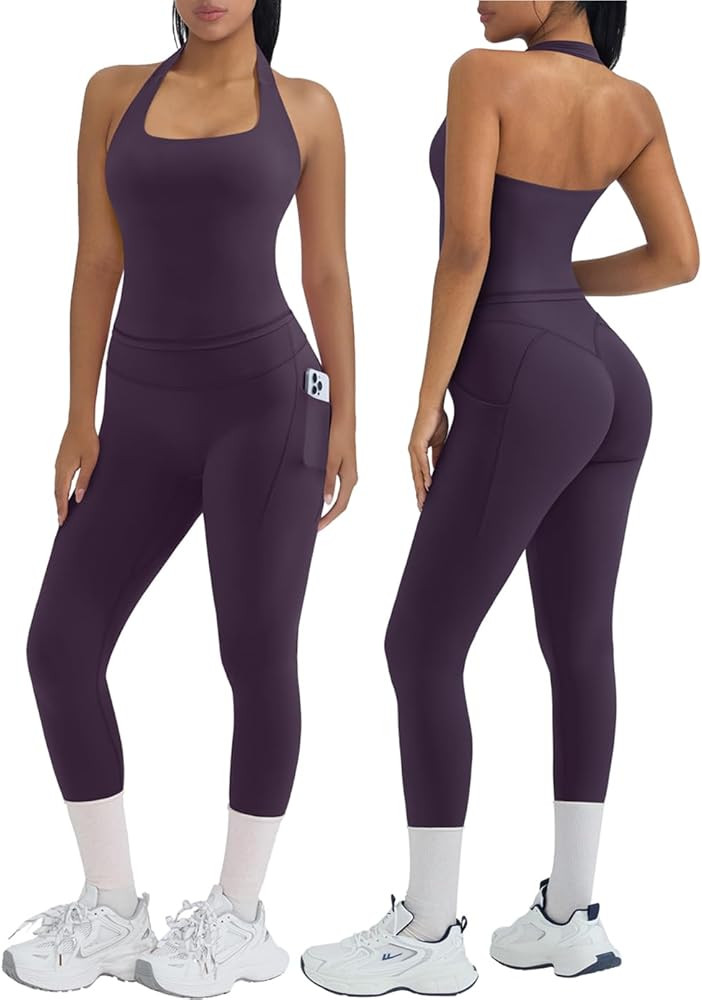 OMKAGI 2 Piece Workout Sets for Women Halter Tops Booty Leggings with Pockets Gym Outfits | Amazon (US)