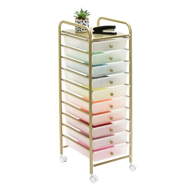 Honey-Can-Do Plastic and Steel 10-Drawer Rolling Storage Cart with 1 Shelf, Clear/Gold | Walmart (US)