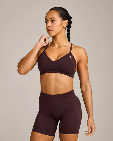 EnhanceLift™ Seamless Strappy Sports Bra with Gray Logo 
 Plum Brown | Oner Active (UK / US)