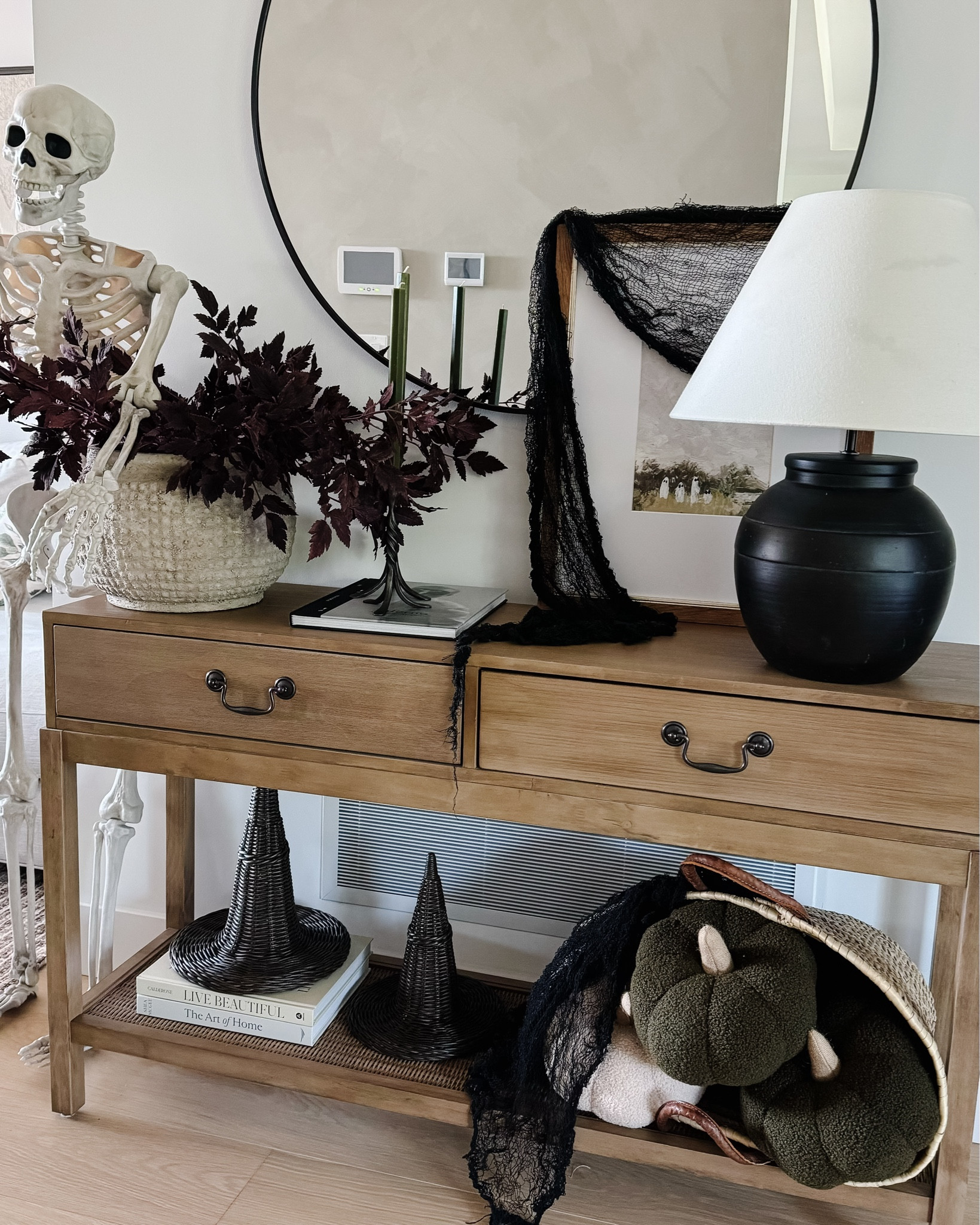 Halloween home decor. Wicker witches hats. Tapered candles. 5’ skeleton. Pumpkins. Subtle Halloween decor  

#LTKcasa #LTKautumn
