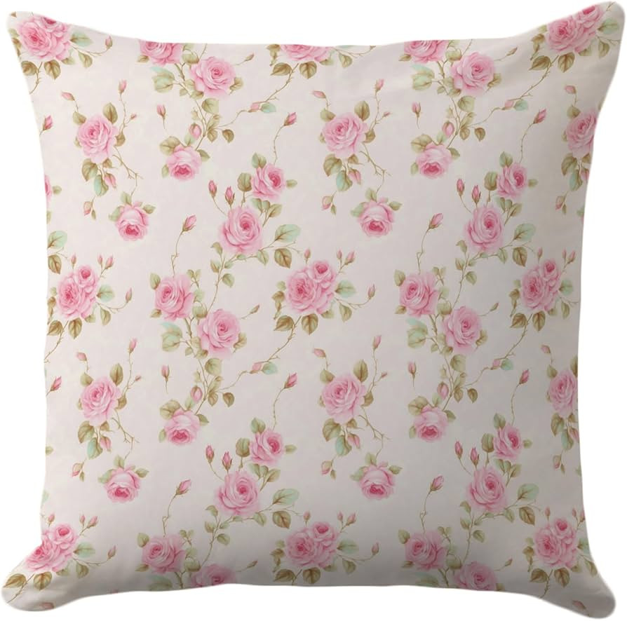 Floral Pillow Cover 18x18– Vintage Pink Rose Throw Pillow Case – Cottagecore Shabby Chic Cush... | Amazon (US)
