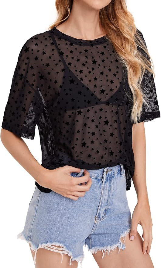 MakeMeChic Women's Summer Short Sleeve Tops See Through Mesh Sheer Sexy T Shirt Blouse | Amazon (US)