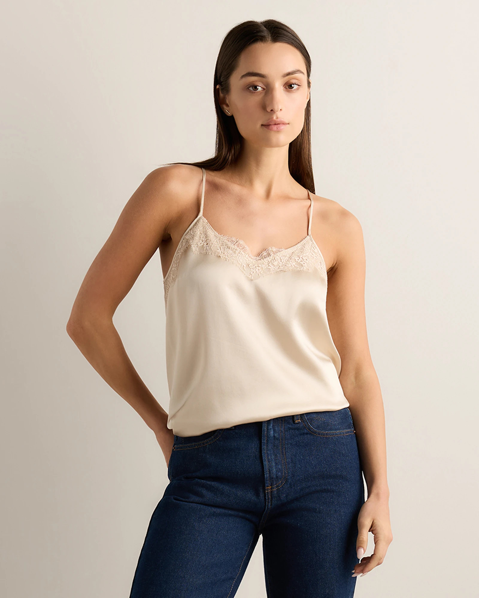 Quince | Women's Lace Cami in Black, Size Large, Silk | Quince