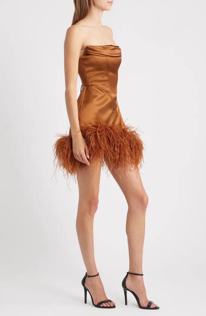 Adrienne Ostrich Feather Hem Strapless Satin Cocktail Minidress | Nordstrom
