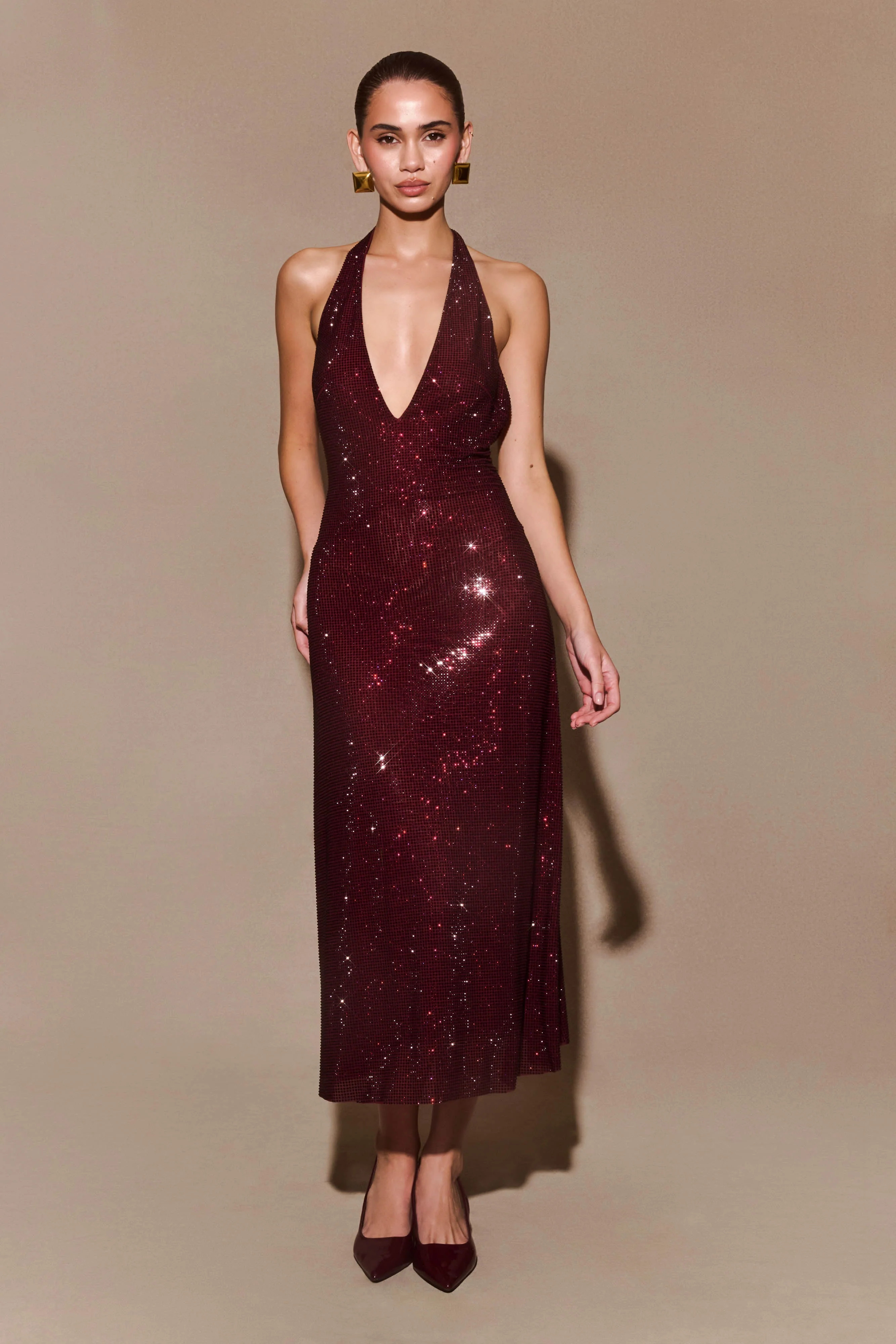 Genie Diamante Halter Midi Dress - Mahogany | Meshki UK