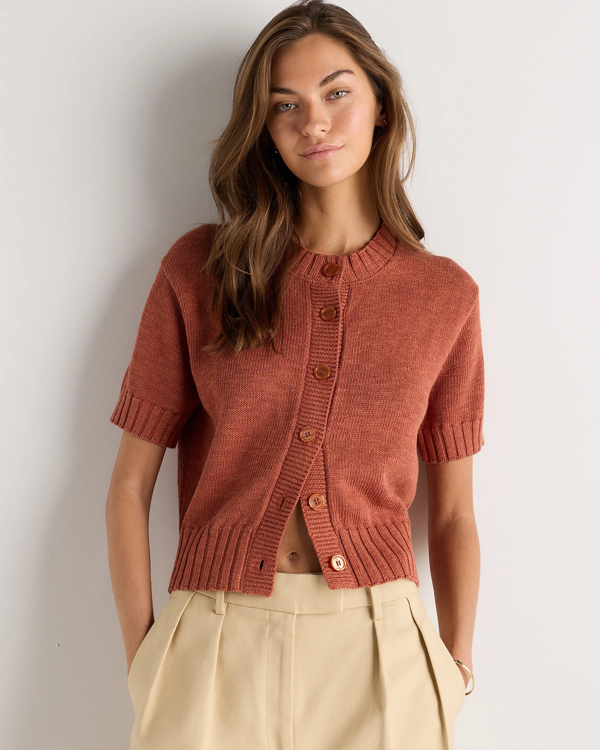 Quince | Women's Cotton Linen Short Sleeve Cardigan Sweater in Sandstone Beige, Size Medium | Quince