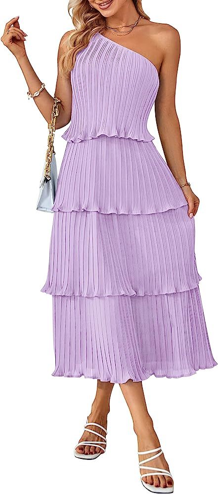 MEROKEETY Women's Summer One Shoulder Sleeveless Pleated Ruffle Tiered Layered Chiffon Party Dres... | Amazon (US)