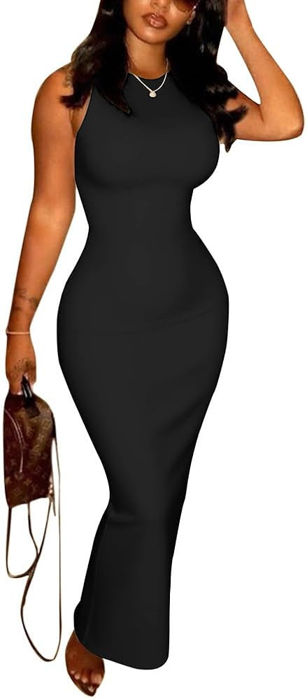 PINSV Women's Sleeveless Crew Neck Bodycon Maxi Dress - Stretchy Form Fitting Long Dress for Casu... | Amazon (US)