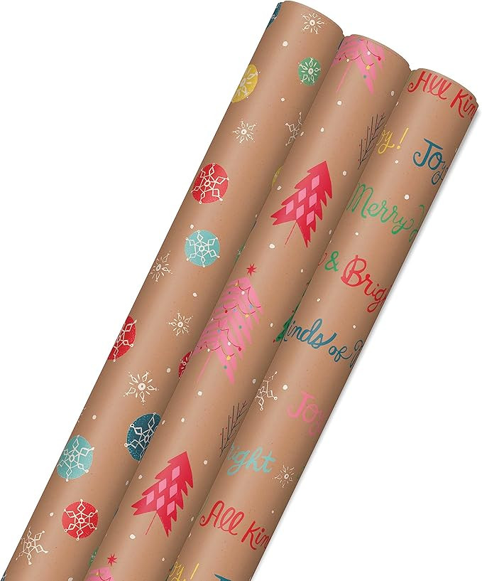 Hallmark Christmas Wrapping Paper Rolls, Brown Kraft Holiday Gift Wrap (Pack of 3: 90 sq. ft. ttl... | Amazon (US)