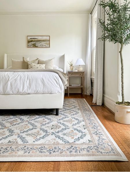 Bedroom reveal! Featuring #studiomcgee x #target armchair, #wayfair Tilly bed frame, some gorgeous patterned throw pillows from Etsy. Plus a new rug from the Morris and Co. #ruggable collection✨Use code EMMACOURTNEYHOME10 for a special discount off your order from Ruggable ✨