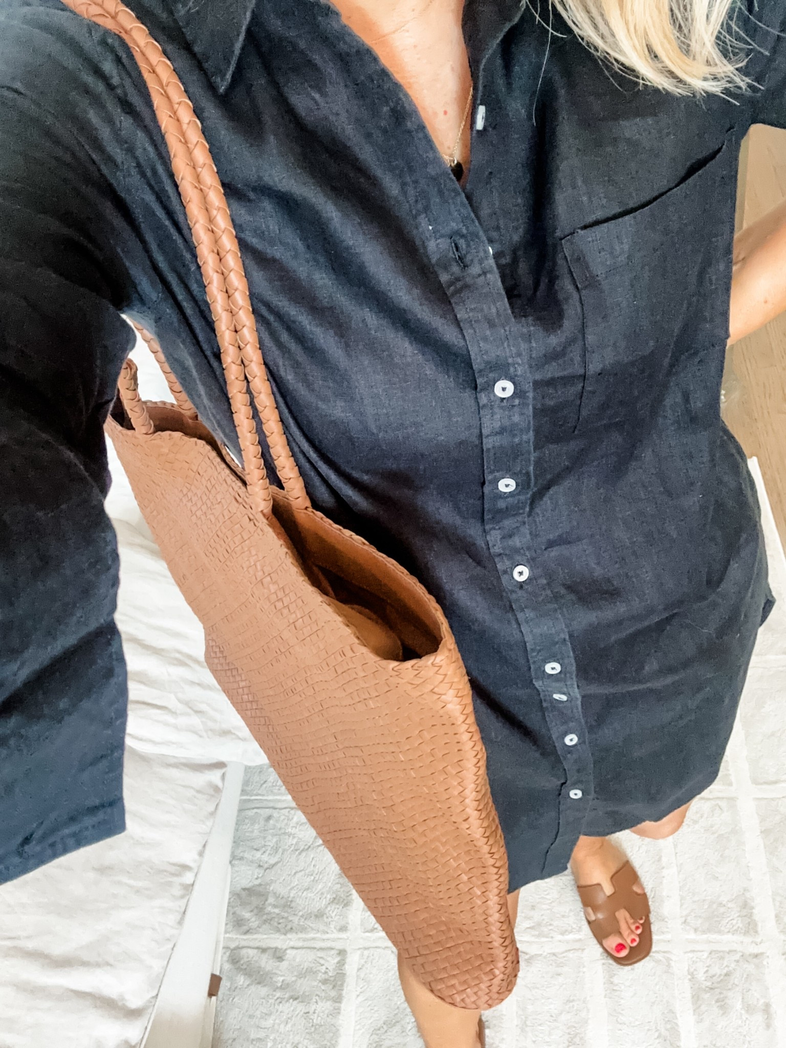 A for sure Florida vacation dinner outfit! 
Obsessed with this European linen shirtdress. I’m in a medium and it’s so timeless and easy to style. The epitome of effortless and relaxed while still looking polished and chic! Add the bag and some subtle statement jewelry to finish it off! Comfy and cute! Earrings are gold vermeil, which is sterling silver layered with a thick layer of 18k gold, which is much higher quality than standard gold plating. 

 @onequince 

#LTKootd #LTKSeasonal #LTKTravel