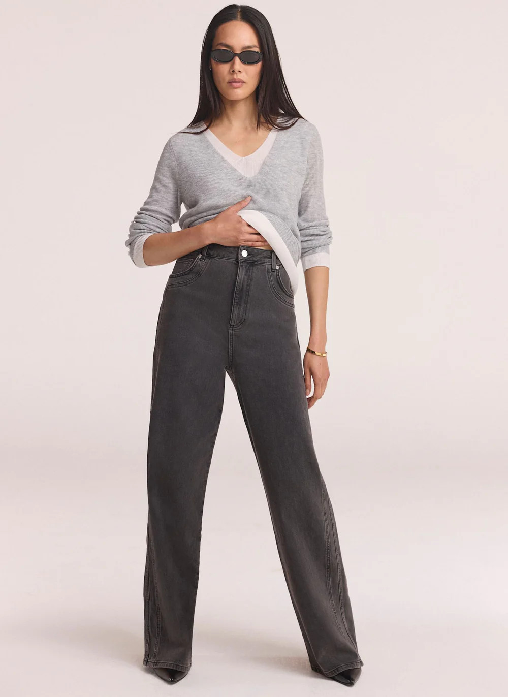 Grey Seam Detail Wide Jeans | Mint Velvet