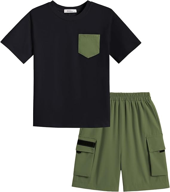 Arshiner Boys' 2-Piece Cotton Outfit Short Sleeve Crewneck T-Shirt & Cargo Shorts Set Summer Casu... | Amazon (US)
