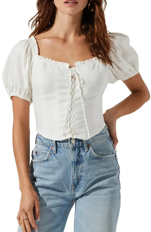 ASTR the Label Puff Sleeve Lace-Up Recycled Cotton & Recycled Polyester Crop Top in White at Nordstr | Nordstrom