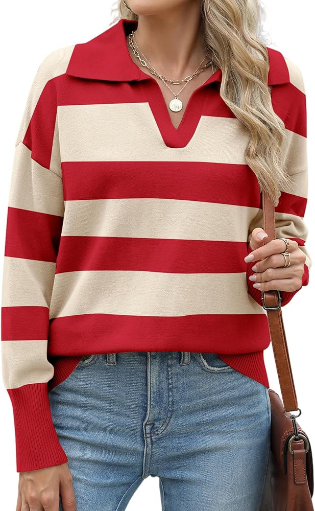 Zeagoo Women's 2024 V Neck Striped Sweater Long Sleeve Oversized Fashion Knitted Pullover Fall Sw... | Amazon (US)