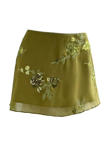 Floerns Women's Sparkly Sequin Mini Skirt Y2K Beaded Floral Embroidery Hip Skirts Green X-Small | Amazon (US)