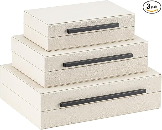 Set of 3 Beige Shagreen Decorative Storage Boxes with Black Metal Handles –Faux Leather Large M... | Amazon (US)