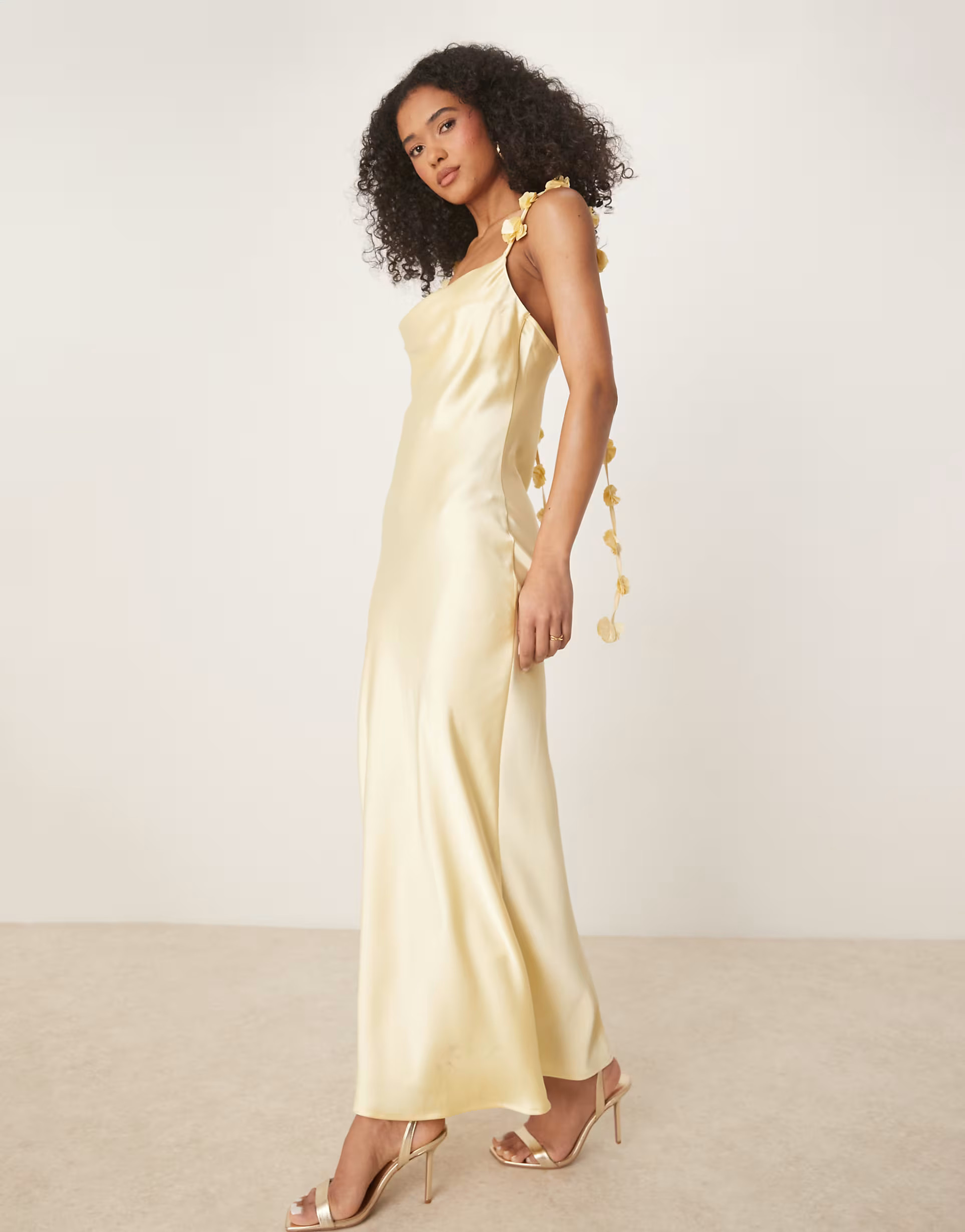 Gina Tricot satin cowl neck dress with 3D floral applique in lemon yellow | ASOS | ASOS (Global)