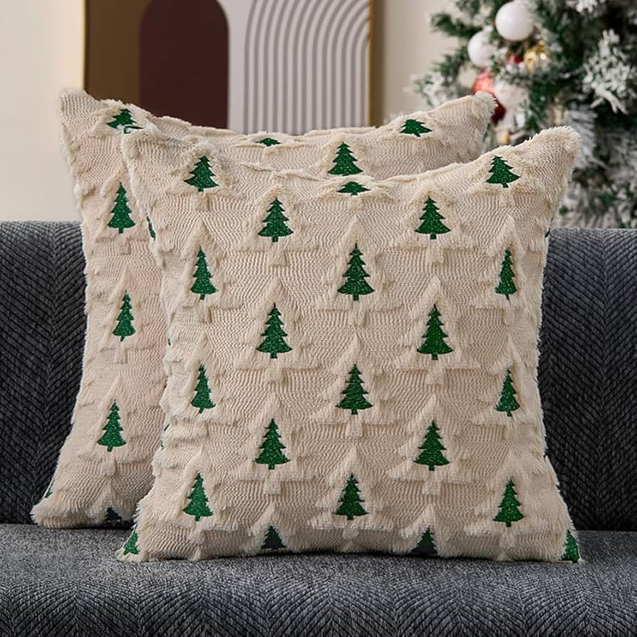Christmas Pillow Covers 18x18 Set of 2 Beige Double Xmas Tree Pillow Covers Soft Plush Faux Fur C... | Amazon (US)