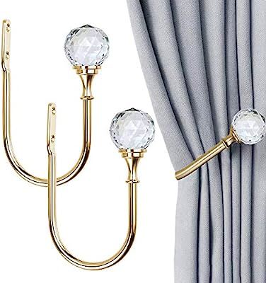 Curtain Drapery Holdbacks, 2 Pack U Shaped Decorative Wall Curtain Rod Hooks with Clear Crystal B... | Amazon (US)