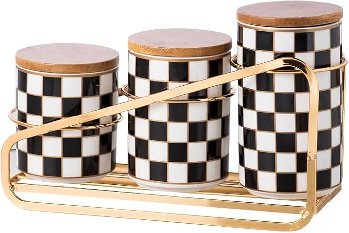 Kitchen Countertop Ceramic Checkered Canisters Set, 3Pcs Grid Pattern Kitchen Jars with Layered S... | Amazon (US)