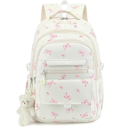 PRLINJSK Girls Backpack for College High Middle School Student, Cute Aesthetic Bookbag for Teens Women with Accessories, Beige Bow | Amazon (US)