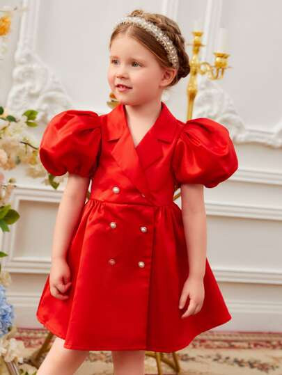 SHEIN Toddler Girls Puff Sleeve Double Breasted Dress SKU: sk2204202870828076(100+ Reviews)Mommy ... | SHEIN