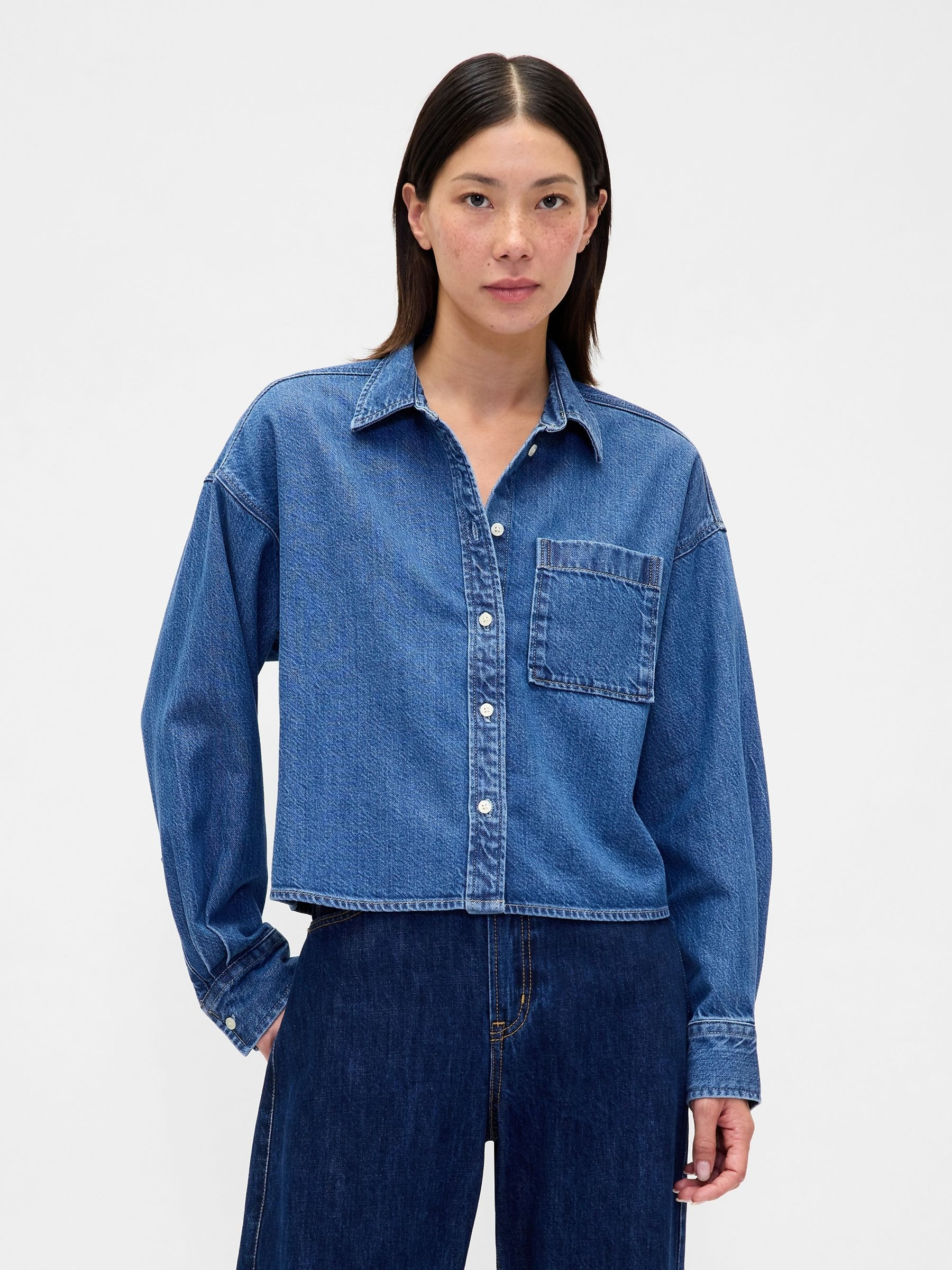 Medium Wash UltraSoft Denim Oversized Straight-Hem Crop Shirt | Gap | GAP UK