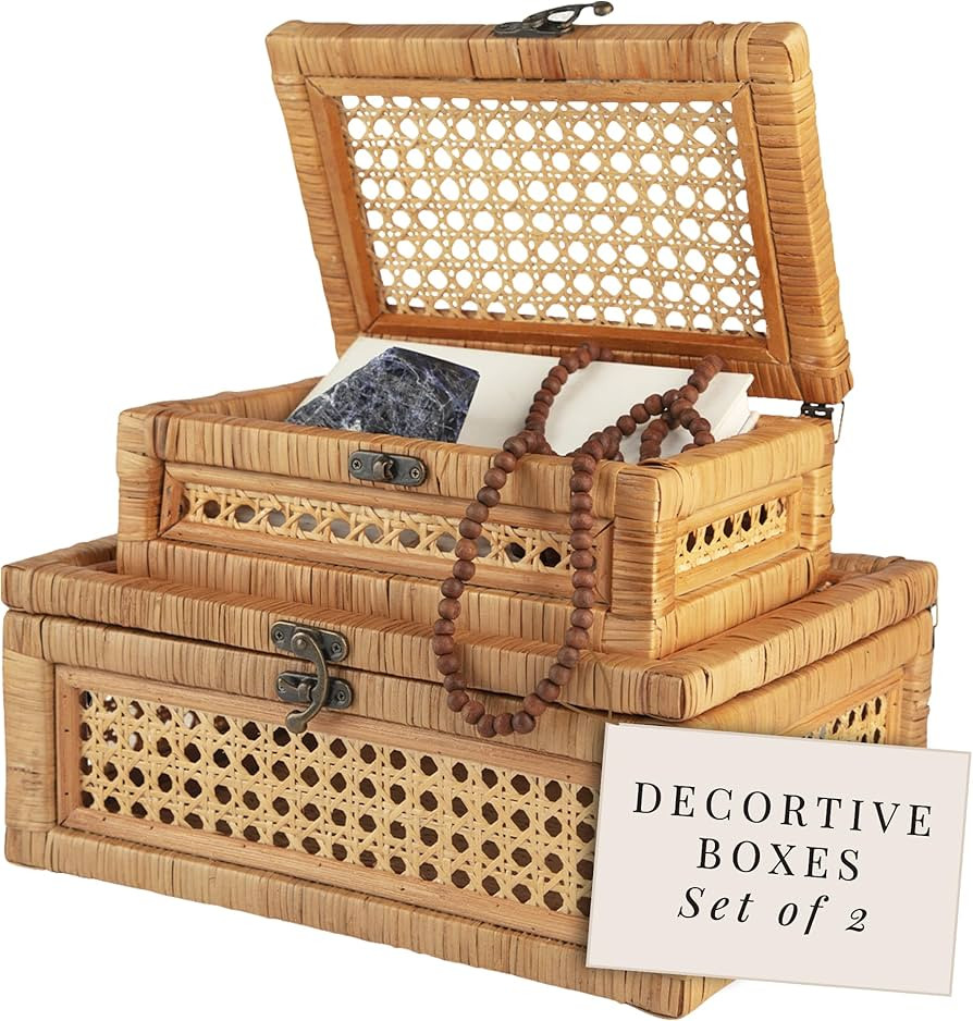 Handcrafted Rattan and Cane Rectangular Display Boxes - Stackable Set of 2 with Woven Lids and Me... | Amazon (US)