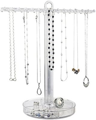 Clear Plastic Necklace Holder with 30 Individual Pegs and Divided Jewelry Tray | Amazon (US)