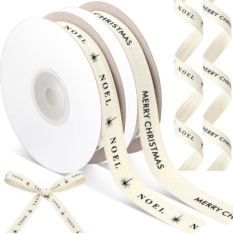 Wavwavw 20 Yards Merry Christmas Noel Ribbon, Natural 5/8 Inch 100% Cotton Herringbone Twill Fabr... | Amazon (US)