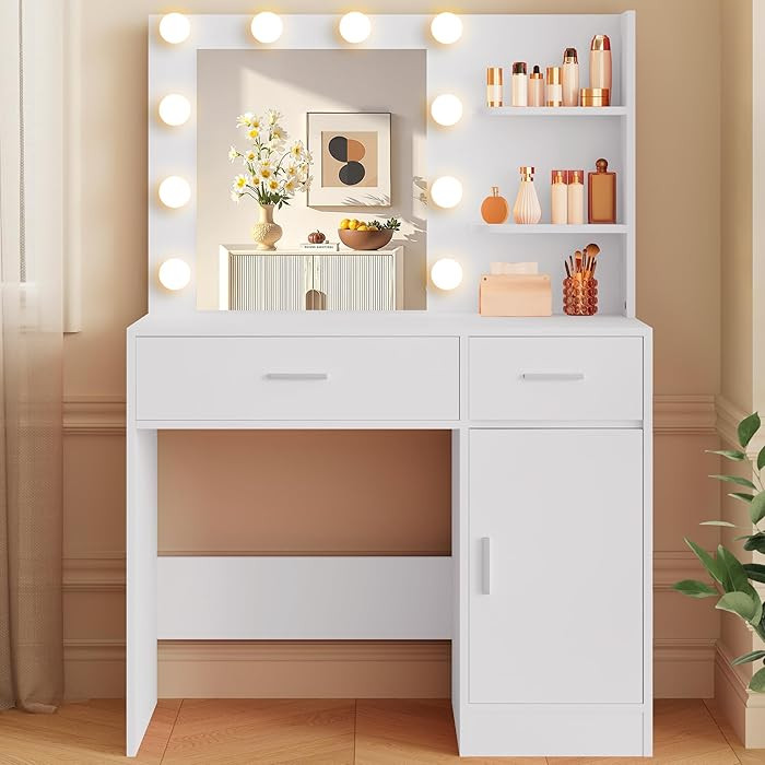Lighted Makeup Vanity Desk, 35.4“W x 15.7'”D x 54“H, White (with Lights and Mirror, Dimming... | Amazon (US)