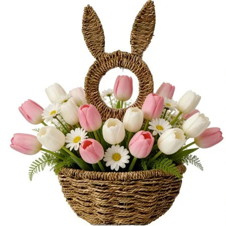 PLPPYFS Easter Bunny Basket, Hand Woven Bunny Easter Basket, Bunny Basket Hanging Wall Pocket Spring Decor, Woven Wall, Wooden Easter Baskets Rabbit Statue Spring Wreath for Front Door | Walmart (US)