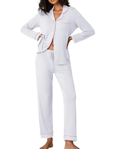 Ekouaer Long Sleeve Button Down PJ Set With Pajama Longs,White With Black Dots,Medium | Amazon (US)