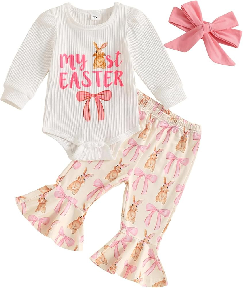 YINGISFITM Easter Baby Girl Outfit My First Easter Bunny Onesie Romper Bell Bottoms Pants Newborn... | Amazon (US)