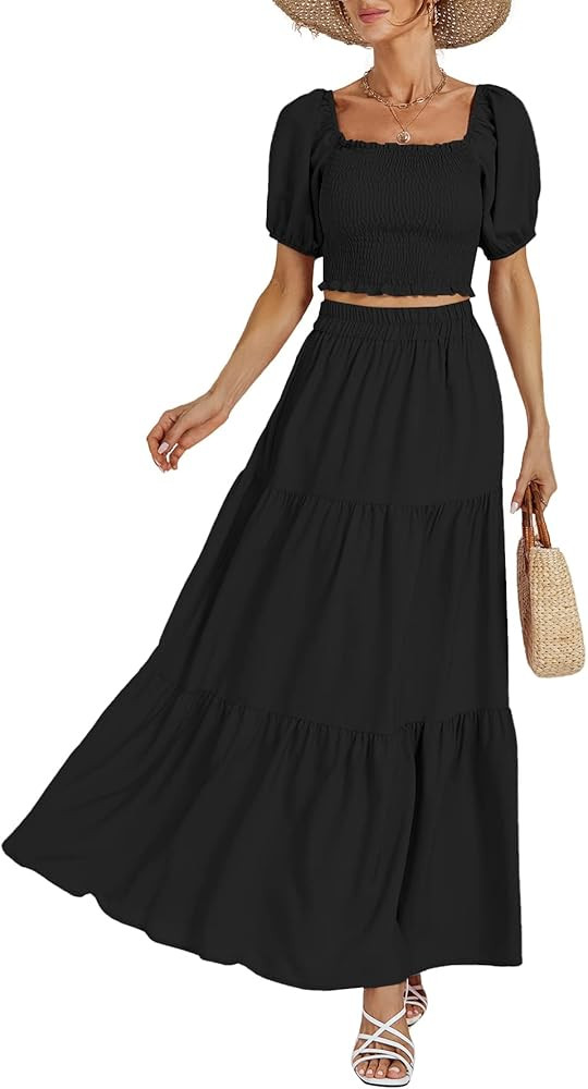 Rooscier Women's 2 Piece Outfit Shirred Short Sleeve Crop Top A Line Beach Maxi Skirt Set | Amazon (US)