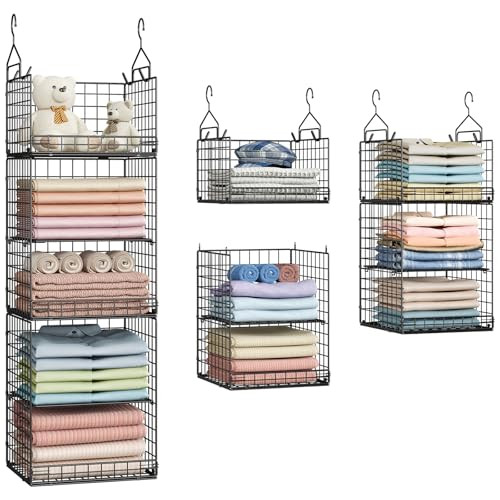 Yuyetuyo 5 Tier Closet Hanging Organizer and Storage Separable Hanging Closet Shelves with 4 Hooks 2 Adjustable Dividers, Wire Storage Basket Bins for Clothing Sweaters Socks Dolls Handbags, Foldable | Amazon (US)