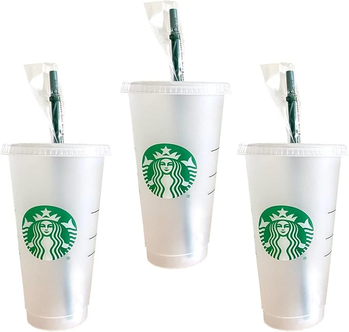 Starbucks Reusable 3 Hard Plastic Venti 24 oz Frosted Ice Cold Drink Cup With Lid and Green Straw... | Amazon (US)