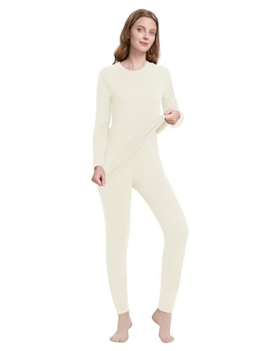 woolcano Womens 100% Merino Wool Base Layer Sets Midweight Active Base Layer for Ski Cream X-Large | Amazon (US)