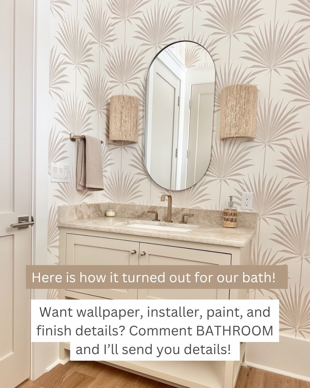 Cabinet color - white duck

Door color - natural cream 

Towel color sand. 

My exact faucet is the Bruno allaria which I cannot link to on LTK! 
Wallpaper install Natural Art Wallcover 

#LTKSaleAlert #LTKStyleTip #LTKHome