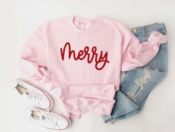 Glitter Merry Sweatshirt, Merry Pullover, Holiday Sweater Women, Merry Shirt, Christmas Crewneck,... | Etsy (US)