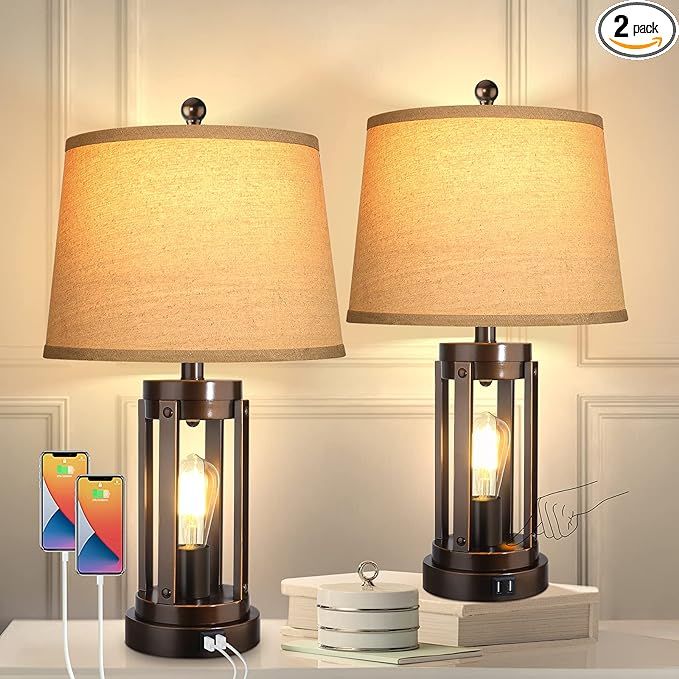 Set of 2 Table Lamps with USB Ports, 3-Way Dimmable Farmhouse Touch Lamps, Bedside Lamp for Bedro... | Amazon (US)