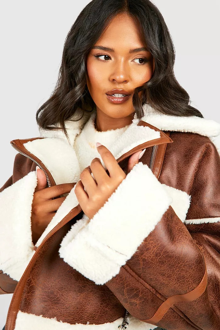 Plus Teddy Trim Cropped Aviator Jacket | boohoo (US & Canada)
