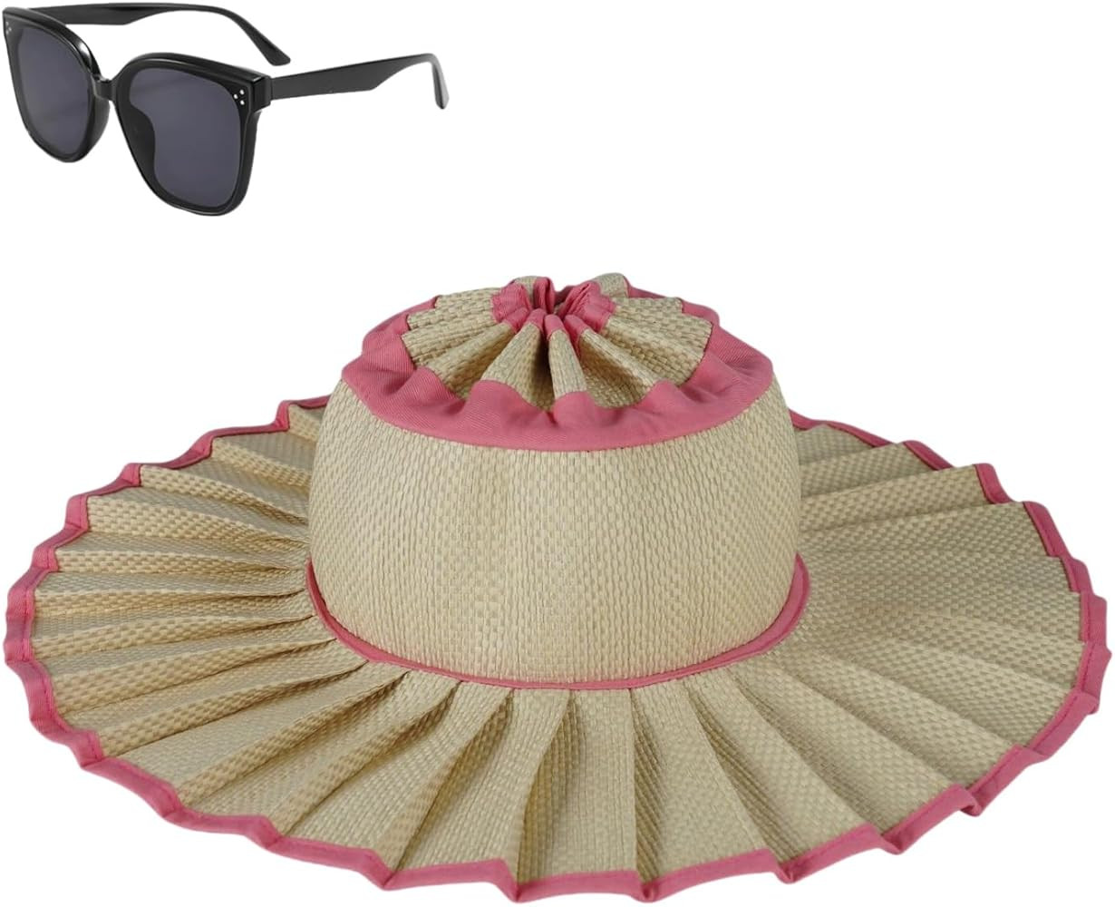 Women's Straw Reversible Pleated Sun Hat,Foldable Wide Brim Beach Hat,Summer Outdoor Travel UV Pr... | Amazon (US)