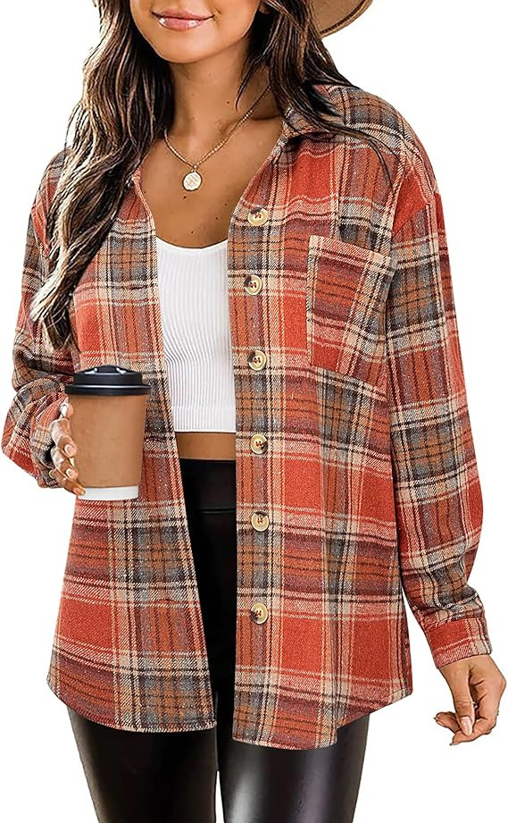 Zeagoo Women Flannel Shacket Jacket Plaid Button Down Long Sleeve Shirt Fall Outfits 2025 | Amazon (US)