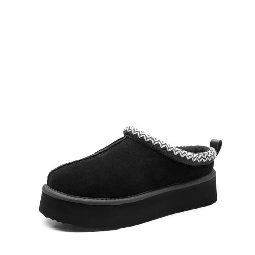DREAM PAIRS Women's Slippers for Women Genuine Suede Platform Slip-on Warm Slippers Winter Fluffy Warm Comfy Furry Shoes for Outdoor Indoor FuzzyEasy,Size 8.5W,Black | Amazon (US)