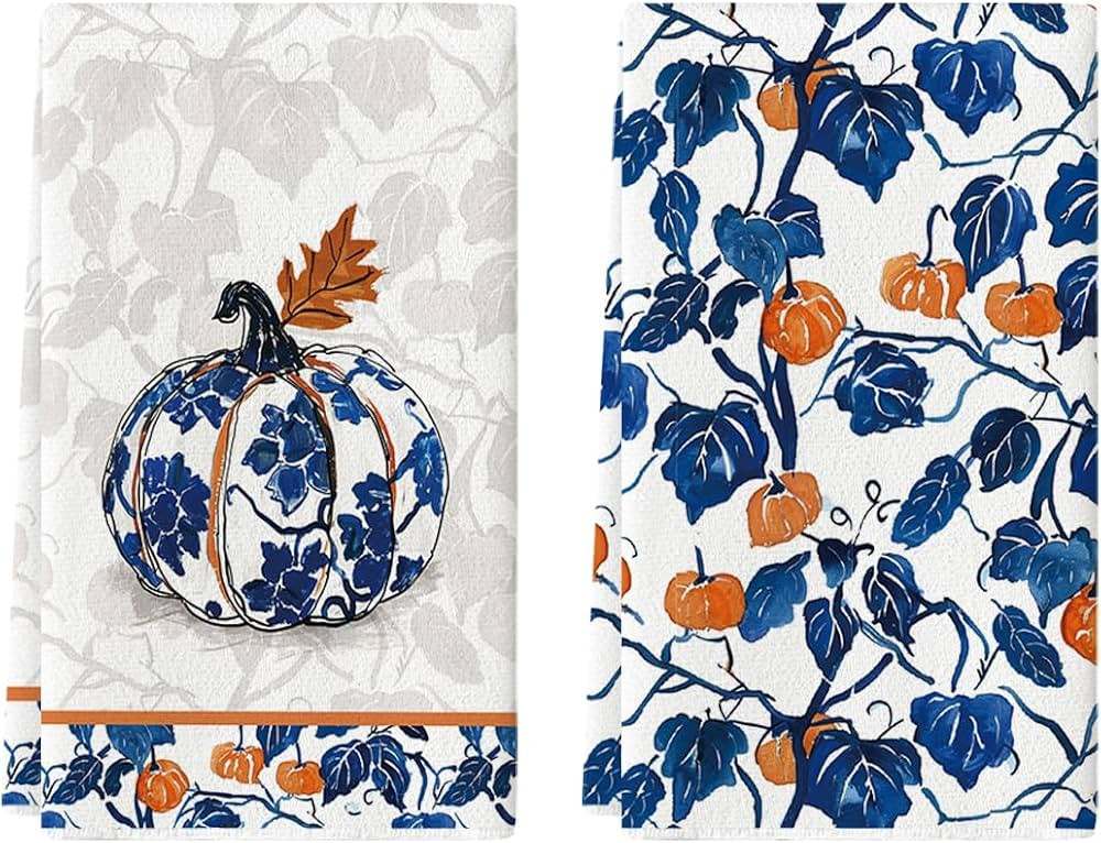 Artoid Mode Blue Pumpkin Fall Kitchen Towels Dish Towels, 18x26 Inch Autumn Floral Leaves Thanksg... | Amazon (US)