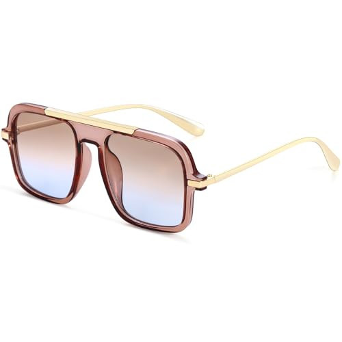 A LONG Retro Square Aviator Sunglasses for Women Trendy 70s Vintage Large Frame UV400 Protection Shades A2256 (Clear Brown Frame/Gradient Brown Lens) | Amazon (US)