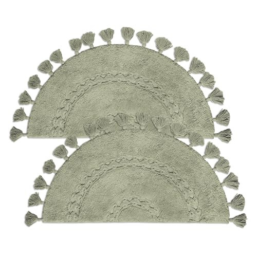 Pack of 2 Unique Boho Rug - Half Circle Rug with Crochet insert Detail & Tassels -100% Cotton Boho Bathroom Rugs -Decorative Non-Slip Bohemian Rug for Bath & Bedroom - Cute Boho Decor - Sage Green | Amazon (US)